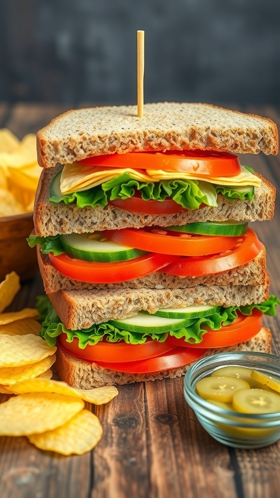 A fresh vegetable sandwich with lettuce, tomato, cucumber on whole grain bread, served with chips and pickles.